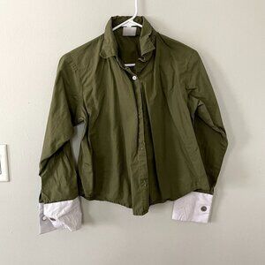 Saks Fifth Avenue army green camo button down shirt collared cropped top classic